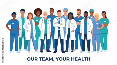 A diverse group of medical professionals standing together, representing teamwork and dedication to patient care and well-being