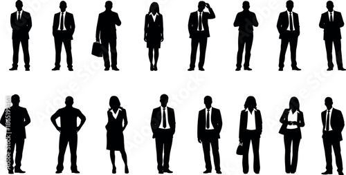 Set of Professional Business People Silhouettes in Suits and Formal Wear Standing in Different Poses for Corporate Team Career Concepts.
