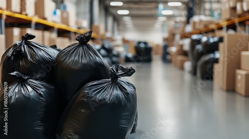 Collection of black biohazard disposal bags stacked carefully in a large warehouse with shelves and boxes in the background