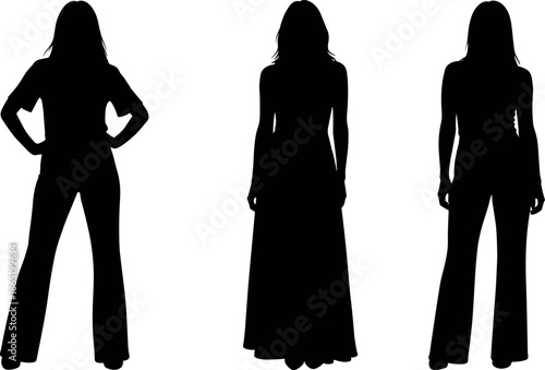 Set of three elegant female fashion silhouettes featuring women in casual t-shirt flares and a long flowing evening maxi dress