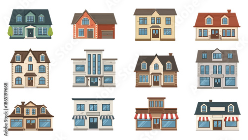 Diverse collection of twelve flat-style architectural illustrations, featuring a variety of residential houses and commercial storefronts.