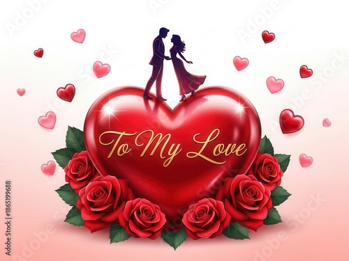 Romantic couple standing on heart with roses and hearts