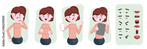 Business office woman constructor suitable for animation. Generator of diverse eyes, lips, emotion expressions mouth animation and lip sync. Young woman character face and upper body construction.