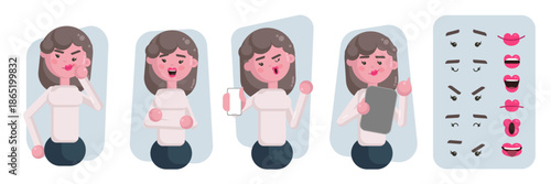 Business office woman constructor suitable for animation. Generator of diverse eyes, lips, emotion expressions mouth animation and lip sync. Young woman character face and upper body construction.