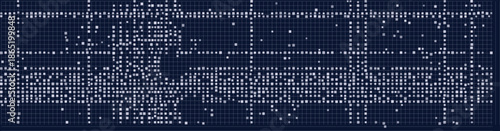 Intricate digital grid showcasing geometric patterns and diverse data elements on a dark backdrop.