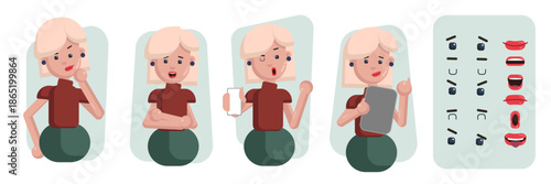 Business office woman constructor suitable for animation. Generator of diverse eyes, lips, emotion expressions mouth animation and lip sync. Young woman character face and upper body construction.