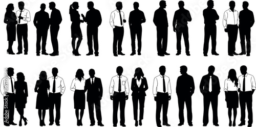 Silhouettes of professional business people in suits and office attire standing, talking, and collaborating in various formal poses for corporate design
