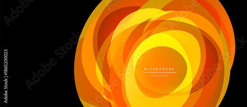 Abstract design features layered orange, yellow shapes. Circular forms create dynamic visual effect. Text reads background design.