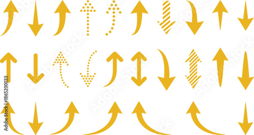 Yellow arrow icons set with curved, dotted, striped, up and down directions for navigation, flow, and interface design