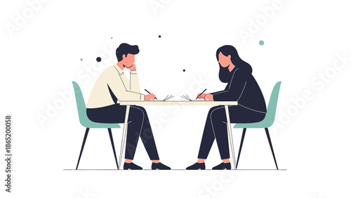 Business meeting illustration of two people collaborating at a table with laptops and notebooks