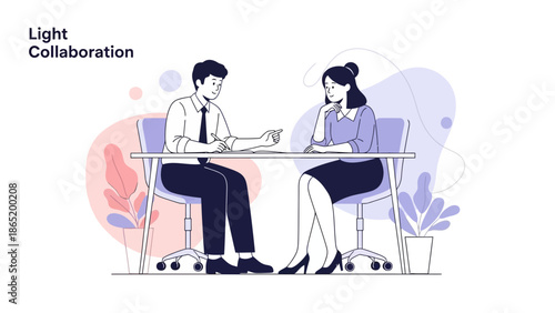 Business Meeting: Man and Woman Collaborating at Desk, Modern Flat Illustration