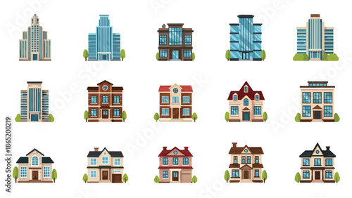 Extensive collection of fifteen flat-style building illustrations, encompassing diverse architectural designs from modern skyscrapers to charming residential homes.