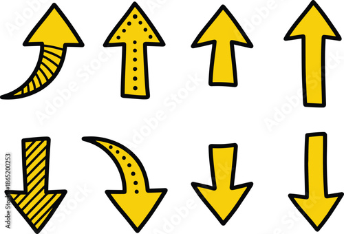 Yellow hand drawn arrow icons set with up and down directions, curved, dotted, and striped styles isolated on white background