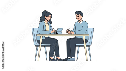 Business meeting: man and woman discussing work at a table with tablet