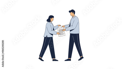 Business meeting: man and woman exchanging documents, partnership, teamwork, agreement