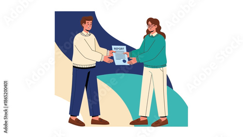 Business meeting: man handing report document to woman, modern flat illustration