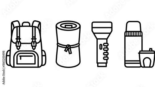 Backpack, Sleeping Bag, Flashlight, Camera Equipment.