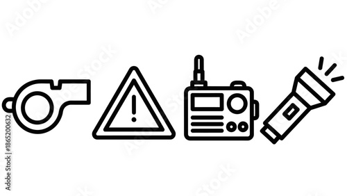 Safety Equipment Icons Whistle Warning Radio.