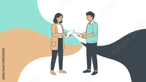 Business meeting: two colleagues discuss documents, modern flat illustration