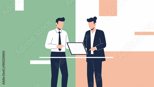 Business Meeting: Two Men Discussing Laptop Ideas on Abstract Background