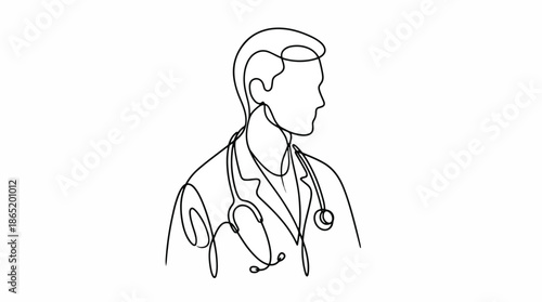 Minimalist continuous line drawing of a healthcare professional wearing a lab coat and stethoscope, symbolizing medical expertise, patient care, and modern healthcare services