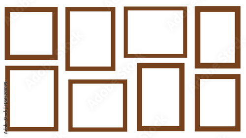 Collection of eight empty rectangular wooden photo frames in various sizes and orientations, neatly arranged on a clean white background.