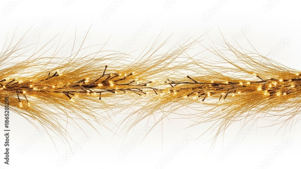 Fototapeta premium Long gold colored string of lights with a white background