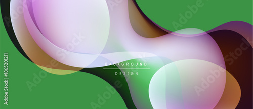 Abstract design features overlapping translucent circles, gradients. Green background provides contrast, modern aesthetic. Minimalist composition.