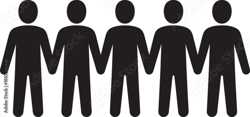 Minimal black people holding hands icon representing unity, teamwork, community, or social connection isolated on white background