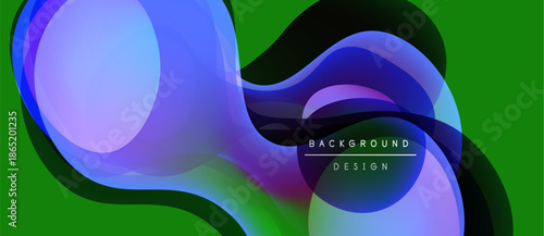 Abstract fluid shapes overlap, creating vibrant color gradients. Green background complements blue, purple hues. Modern design element.