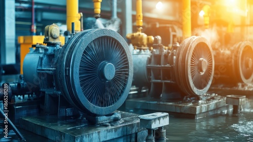 Industrial pumps with large rotors operate in a dimly lit facility likely involved in draining submerged areas or managing fluid systems