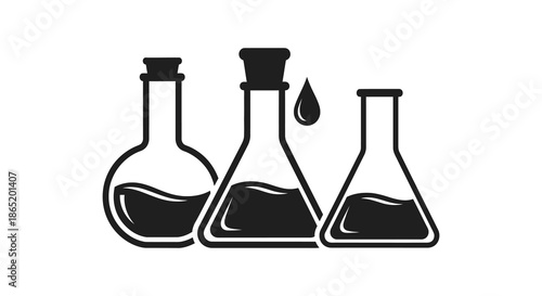 A striking depiction of three laboratory flasks featuring a droplet rendered as a bold silhouette