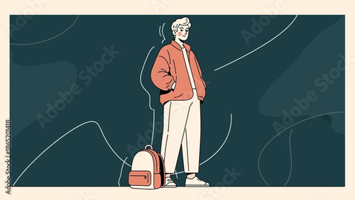 Young man with backpack, modern illustration, casual style, abstract background