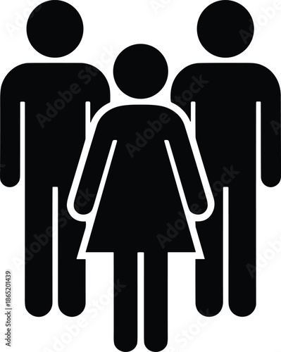 Family icon with parents and child silhouettes representing family unit, parenthood, protection and togetherness concept in bold black minimal style isolated on white background
