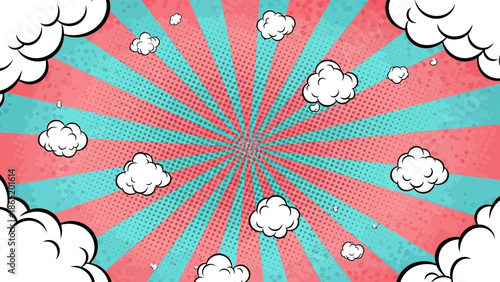 Colorful Pop Art Background with White Clouds and Stripes