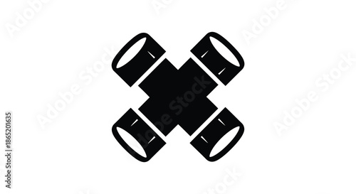 a striking black graphic of a cross shaped design with cylindrical forms a bold silhouette