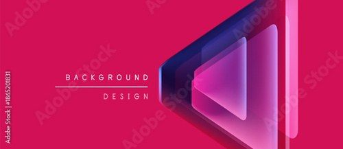 Vibrant pink backdrop features layered geometric shapes. Design includes translucent triangles, creating modern visual effect. Text reads background design.