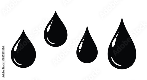 a simple graphic depiction of four black water droplets presented in a minimalist style silhouette