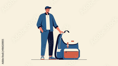 Young man with backpack, travel preparation, flat illustration, casual style