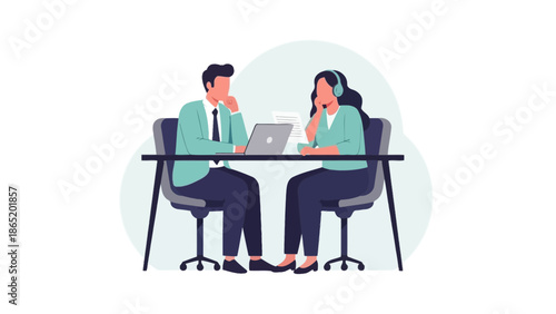 Business meeting, two people at desk with laptop and documents, teamwork concept
