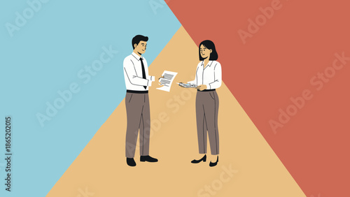 Business partners exchanging documents on abstract background