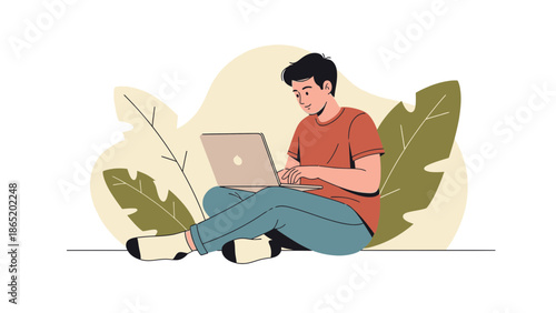 Young man working on laptop outdoors, surrounded by abstract nature elements.