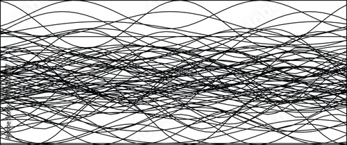 An abstract composition featuring dynamic black lines on a white background, creating fluid, wave-like movement.