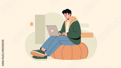 Young man working on laptop while sitting on a large pouf, modern flat illustration