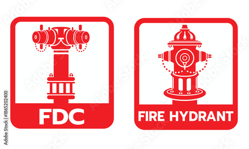 Red safety sign icons showing Fire Department Connection (FDC) and Fire Hydrant symbols. Ideal for fire safety signage, emergency systems, manuals, and building safety graphics