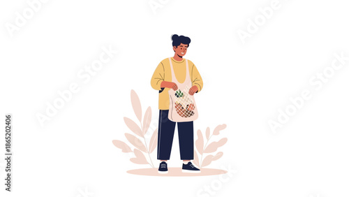 Young Person Carrying Eco-Friendly Shopping Bag with Fresh Produce