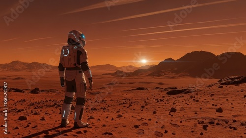 Astronaut Standing on the Surface of Planet Mars at Sunset