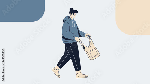 Young person in hoodie walking with a tote bag, modern flat illustration