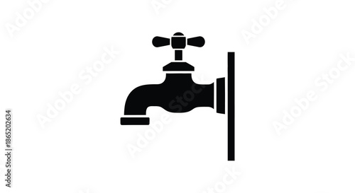 A simple black and white illustration of a water tap against a white background presented as a silhouette