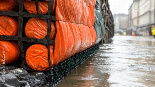 Orange flood barriers made of tarps and reinforced material deployed along a wet urban street to protect against rising water levels